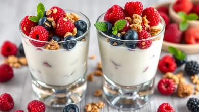 Taças de Iogurte Grego com Frutas Vermelhas e Granola Crocante