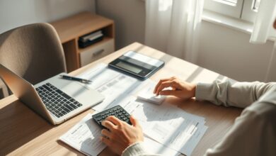 Calculadora e documentos financeiros em mesa.