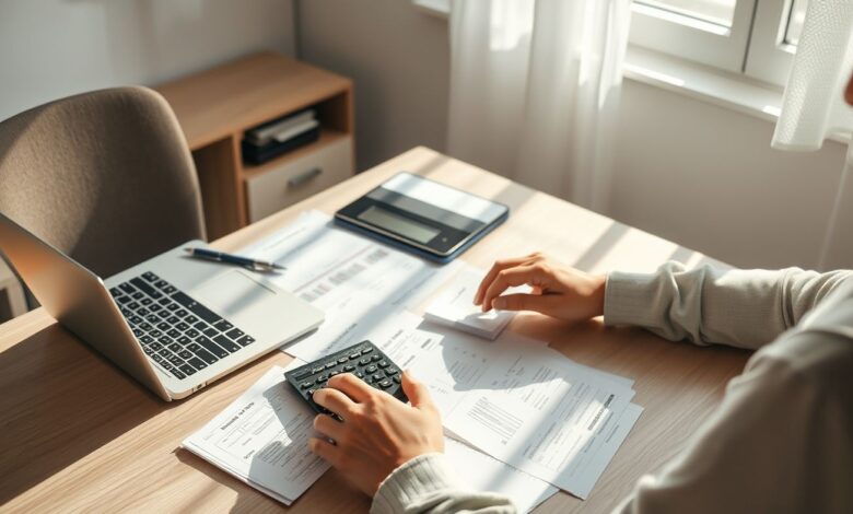 Calculadora e documentos financeiros em mesa.