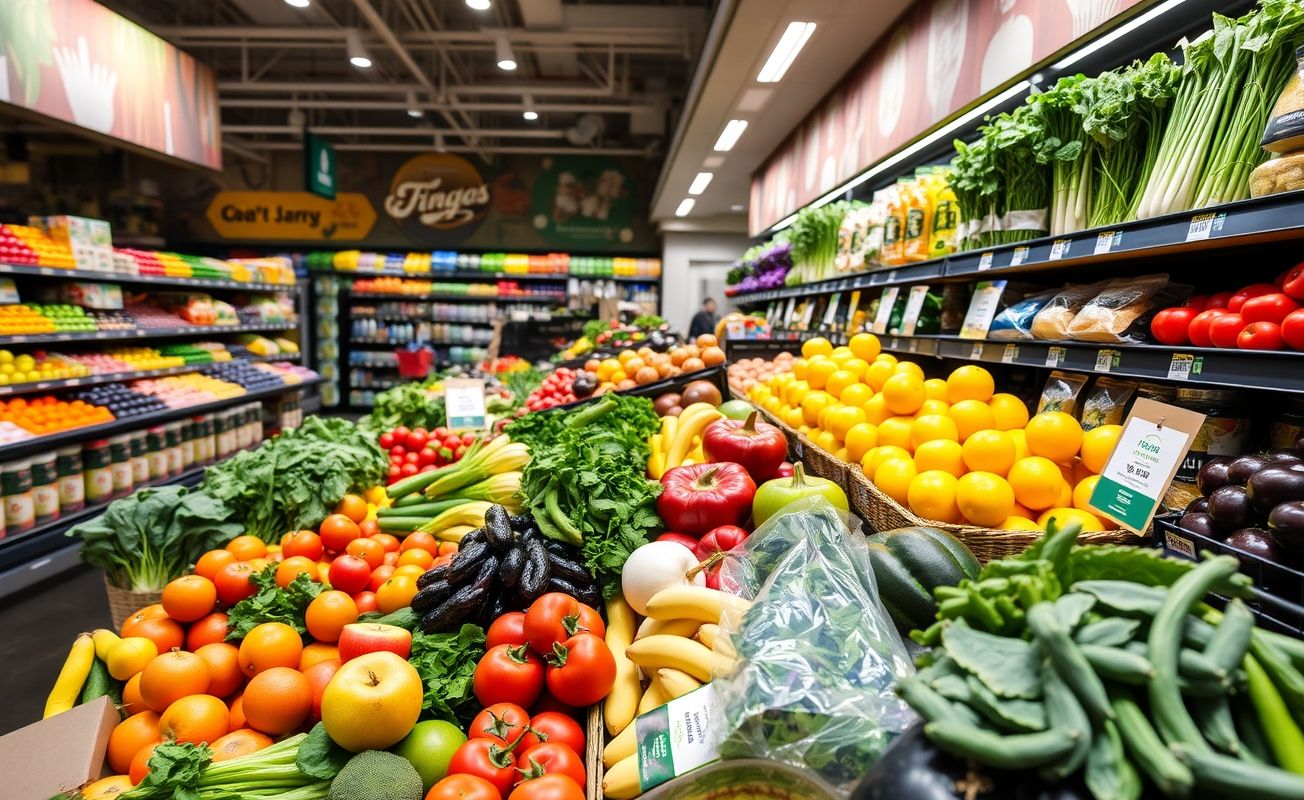 Frutas e vegetais frescos em um supermercado.