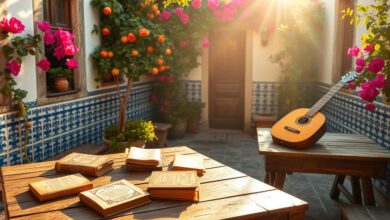 Cultura portuguesa com livros e instrumentos.
