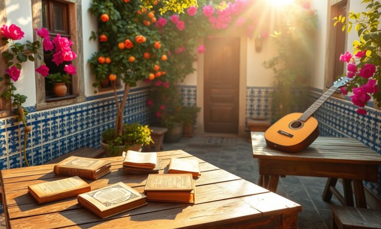 Cultura portuguesa com livros e instrumentos.