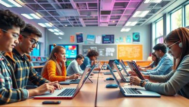 Alunos aprendendo online com tecnologia moderna.