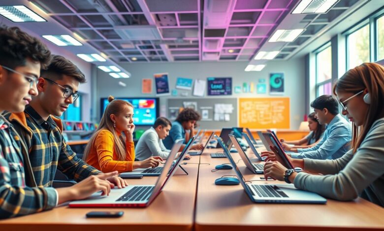 Alunos aprendendo online com tecnologia moderna.