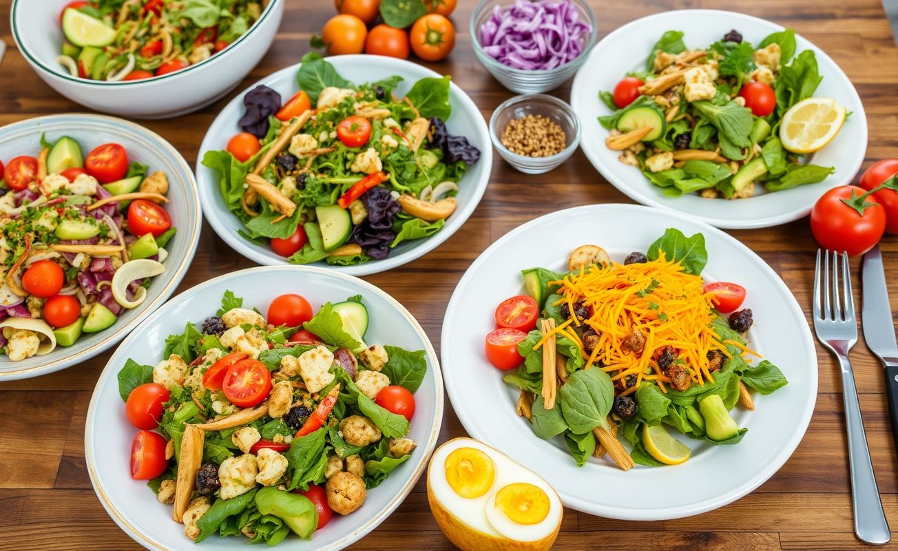 Pratos saudáveis com saladas coloridas.