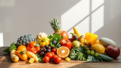 Mesa com frutas e vegetais frescos.