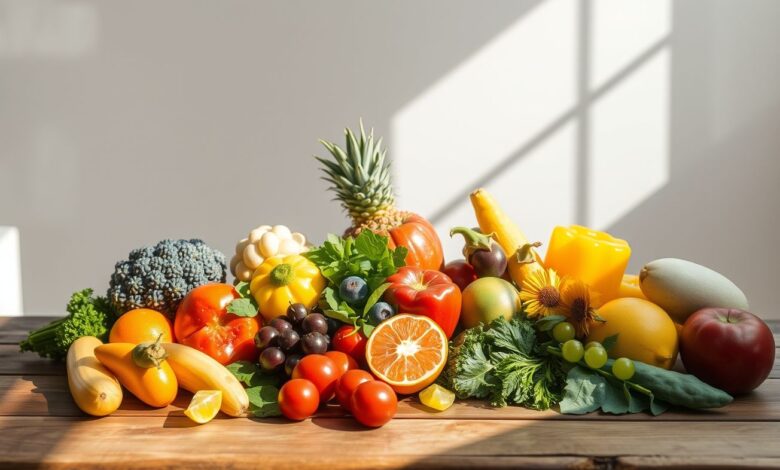 Mesa com frutas e vegetais frescos.