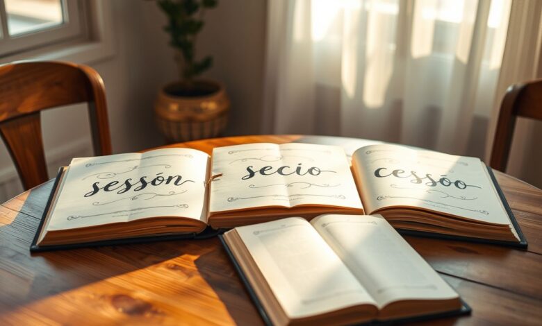 Livros abertos mostrando as palavras sessão, seção e cessão.