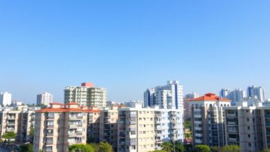 Vista urbana com edifícios residenciais modernos.