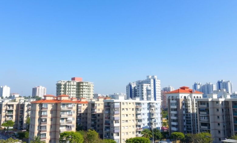 Vista urbana com edifícios residenciais modernos.