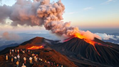 Erupção do vulcão na Itália com nuvens de cinzas.